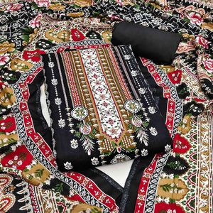 Black Floral Printed Rayon Dress Material Accented With Premium Swarovski Work