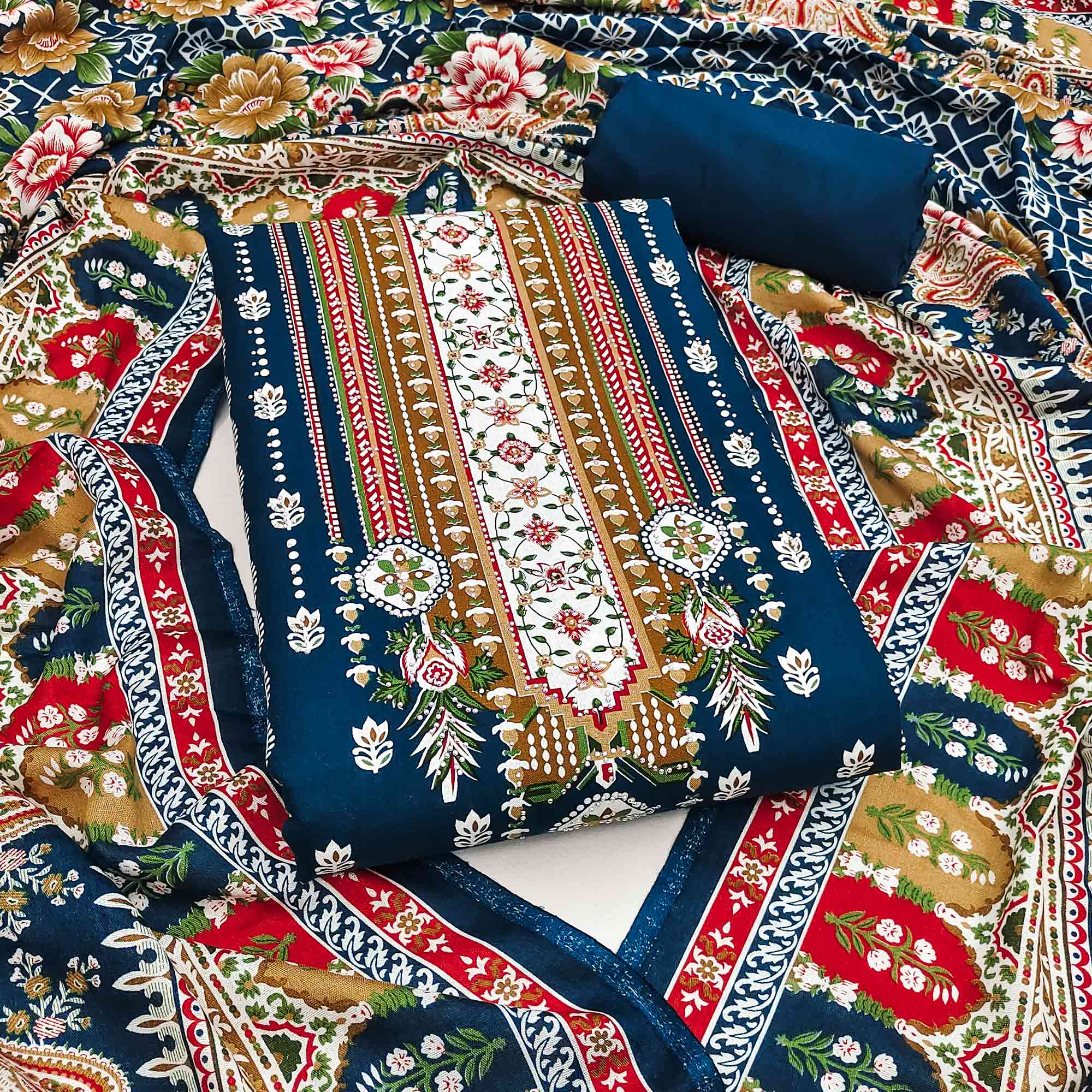 Blue Floral Printed Rayon Dress Material Accented With Premium Swarovski Work