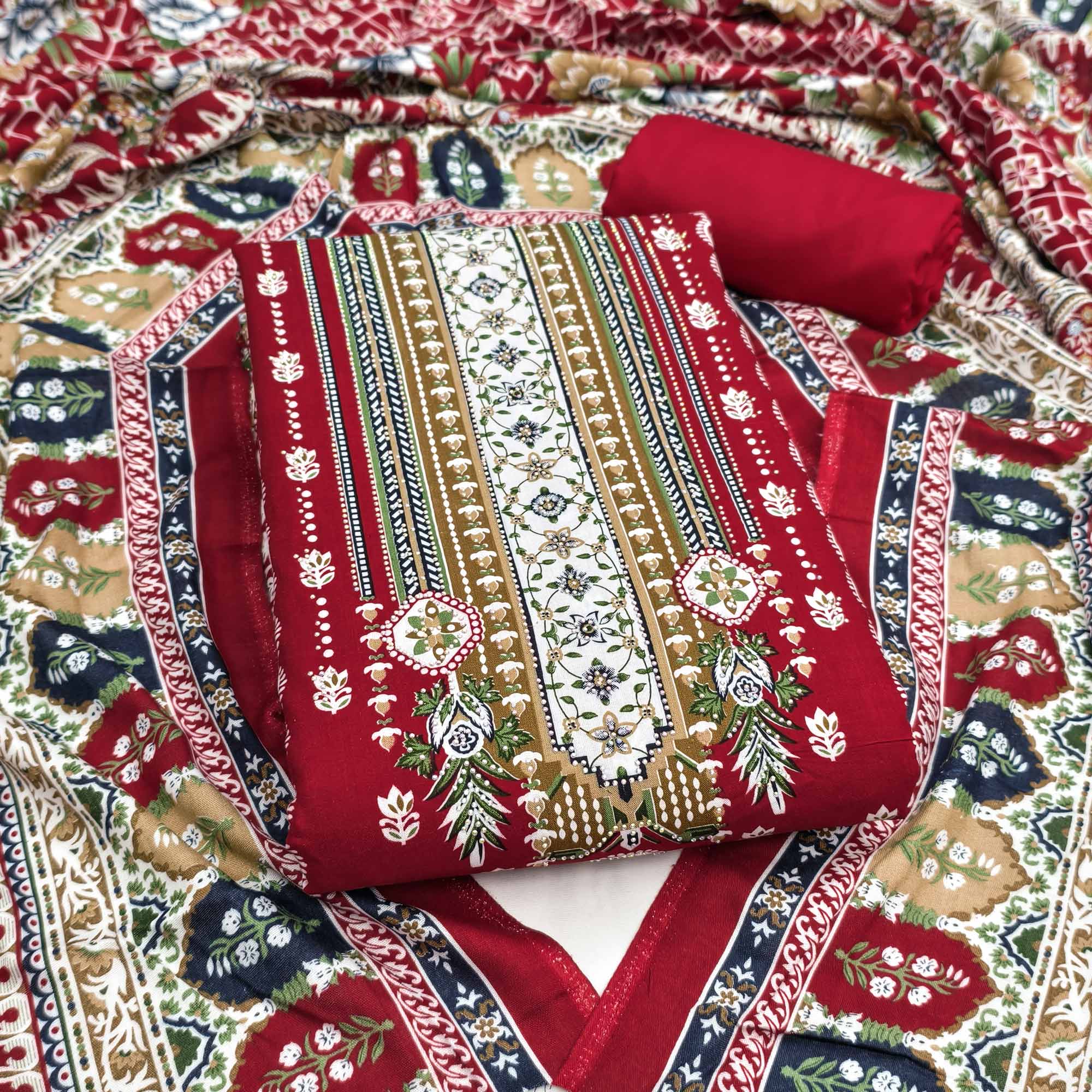 Red Floral Printed Rayon Dress Material Accented With Premium Swarovski Work