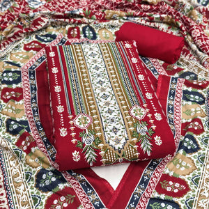 Red Floral Printed Rayon Dress Material Accented With Premium Swarovski Work