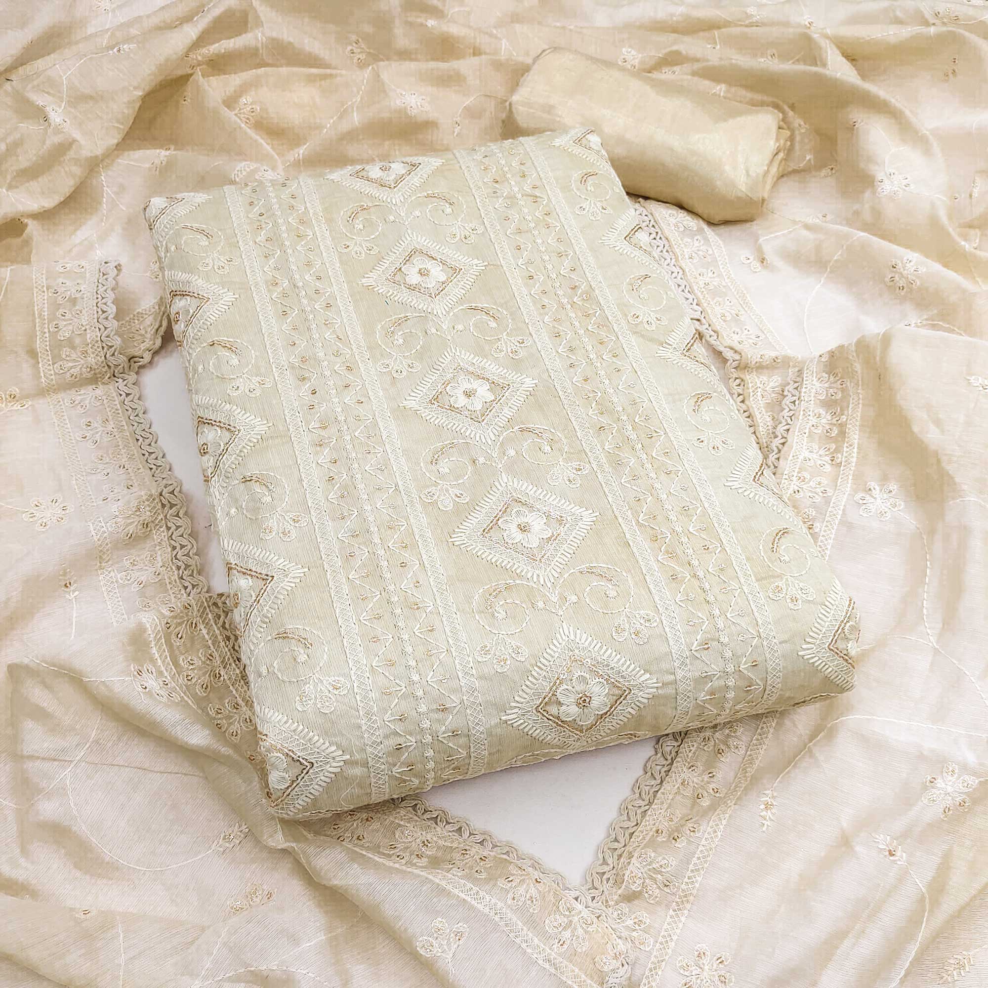 Cream Modal Chanderi Silk Dress Material Adorned With Elegant Floral Lucknowi Embroidery Work
