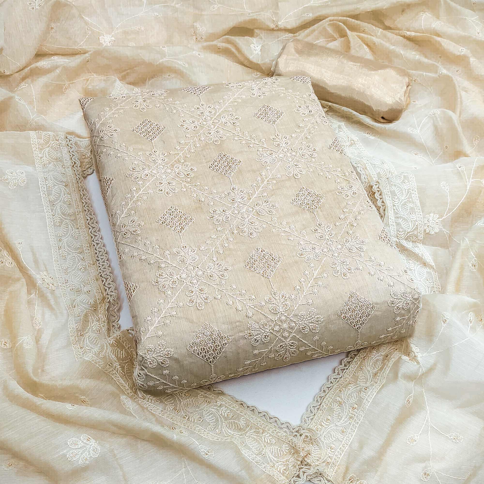 Cream Floral Lucknowi Embroidered Modal Chanderi Silk Dress Material For A Refined Ethnic Look