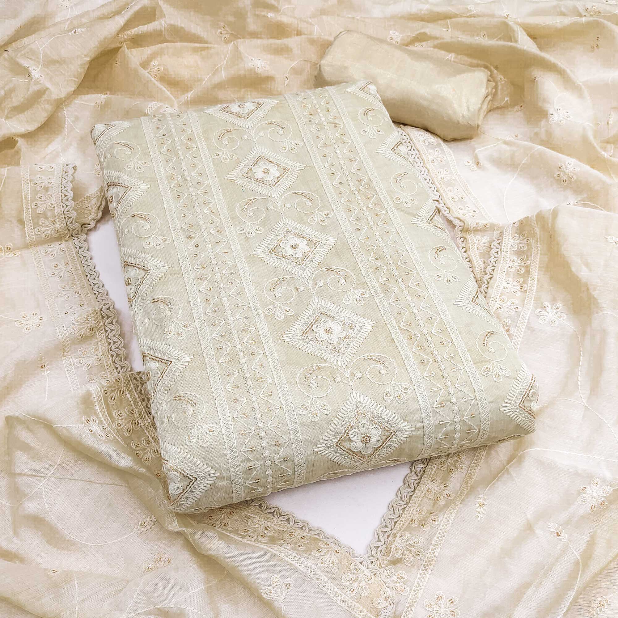 Cream Lucknowi Embroidery Work Dress Material Crafted In Premium Modal Chanderi Silk