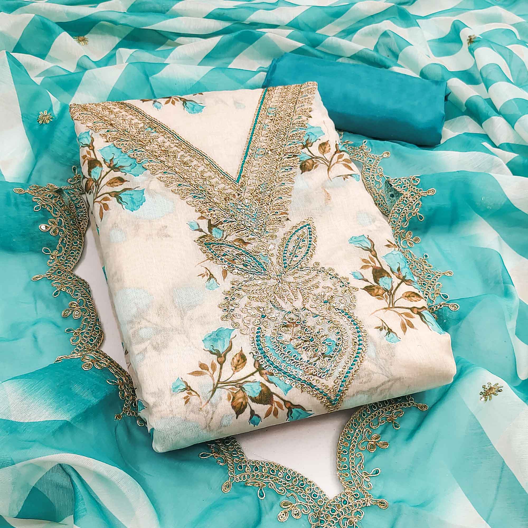 Elegant Cream & Blue Digital Floral Print Modal Chanderi Silk Dress Material With Cording Embroidery