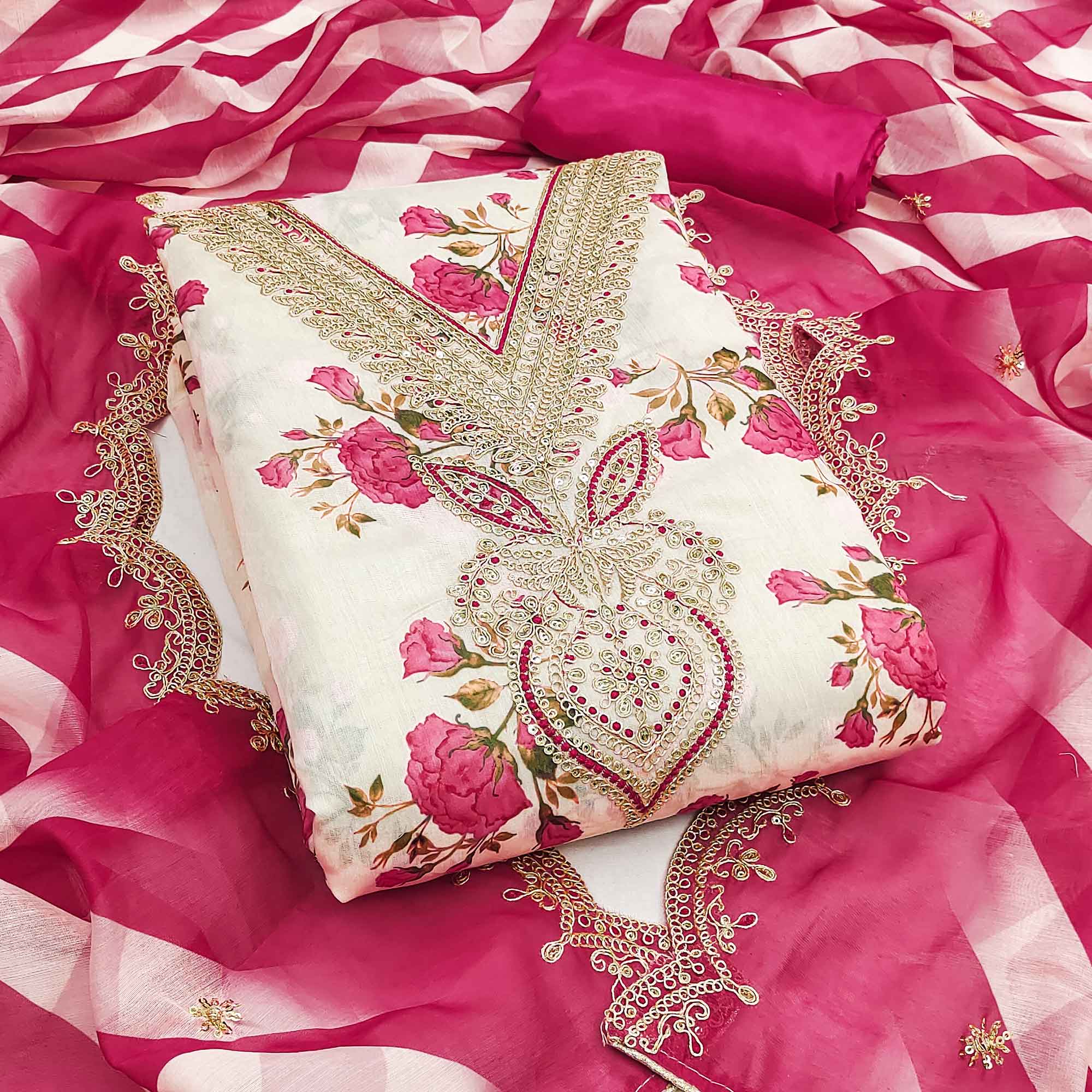 Elegant Cream & Pink Digital Floral Print Modal Chanderi Silk Dress Material With Cording Embroidery