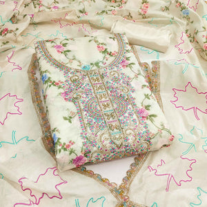 Cream Floral Digital Printed Chanderi Dress Material With Cording Embroidery & Khatli Handwork