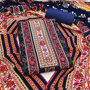 Charming Navy Blue Floral Rayon Dress Material Enhanced With Premium Swarovski Embellishment Work