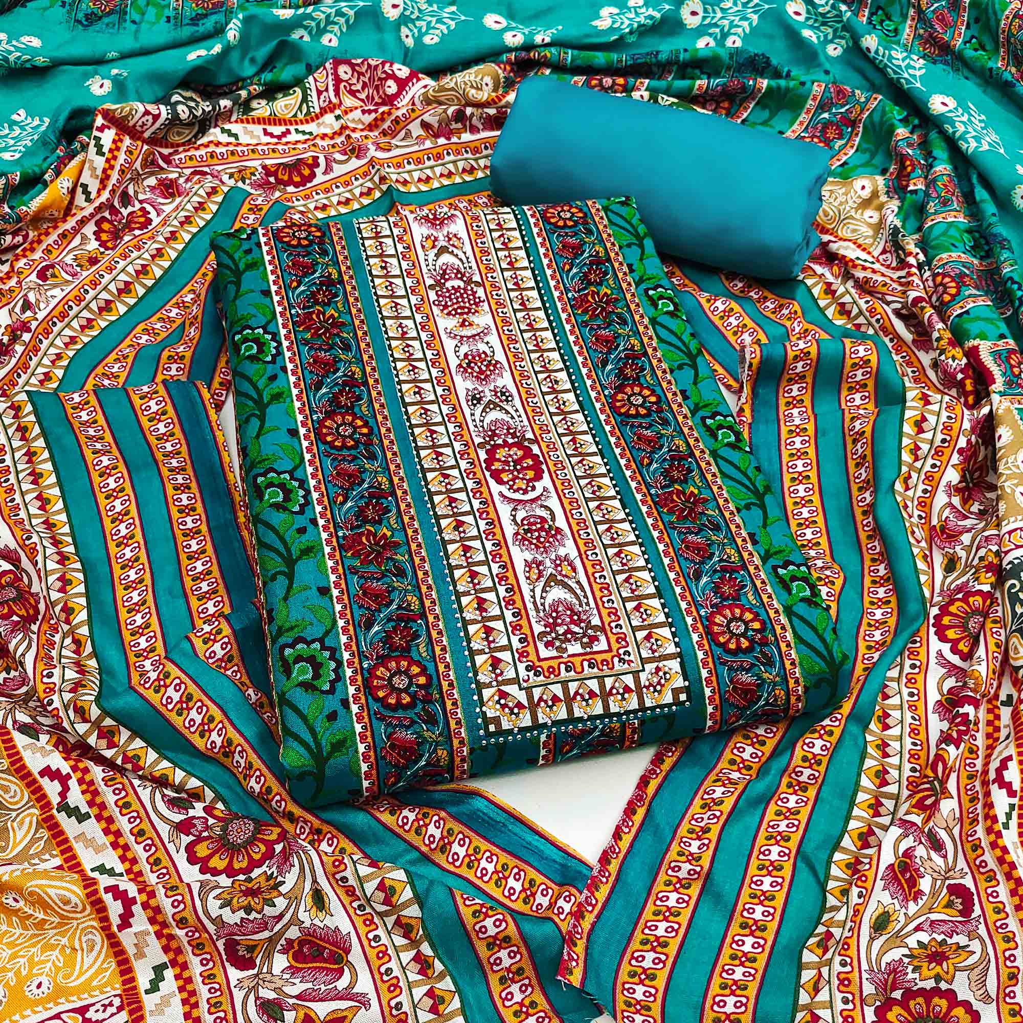 Charming Rama Blue Floral Rayon Dress Material Enhanced With Premium Swarovski Embellishment Work