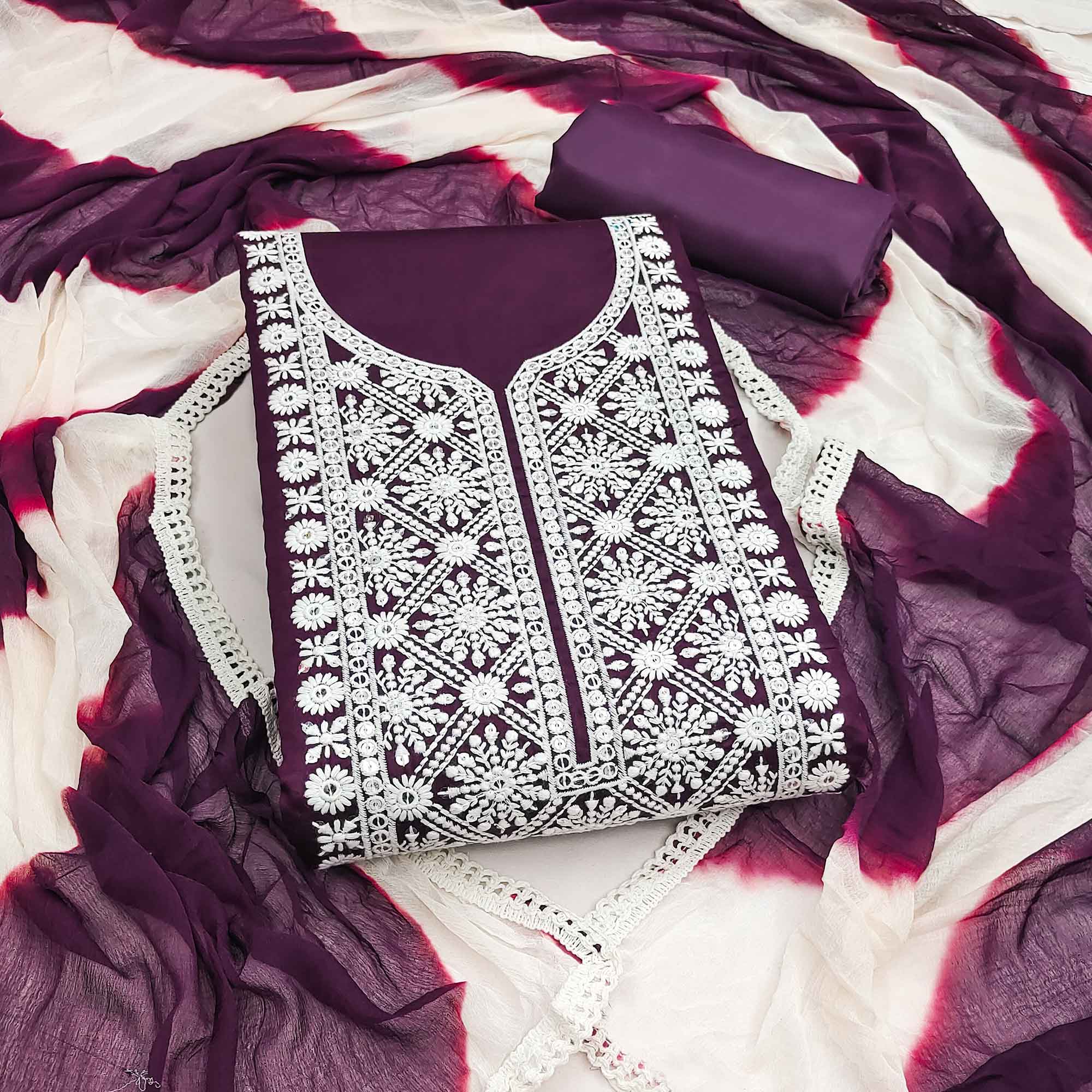 Designer Wine Pure Cotton Dress Material Showcasing Floral Thread Embroidery & Luxe Sequins Work