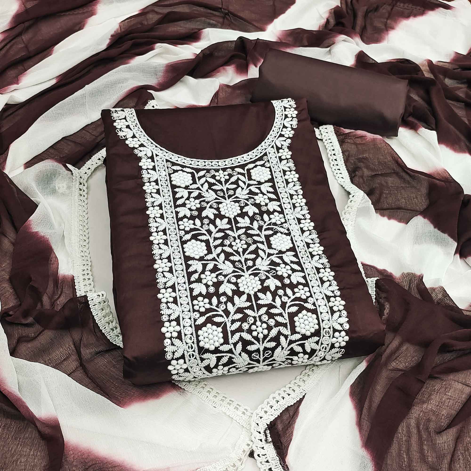 Designer Brown Pure Cotton Dress Material Showcasing Floral Thread Embroidery & Luxe Sequins Work