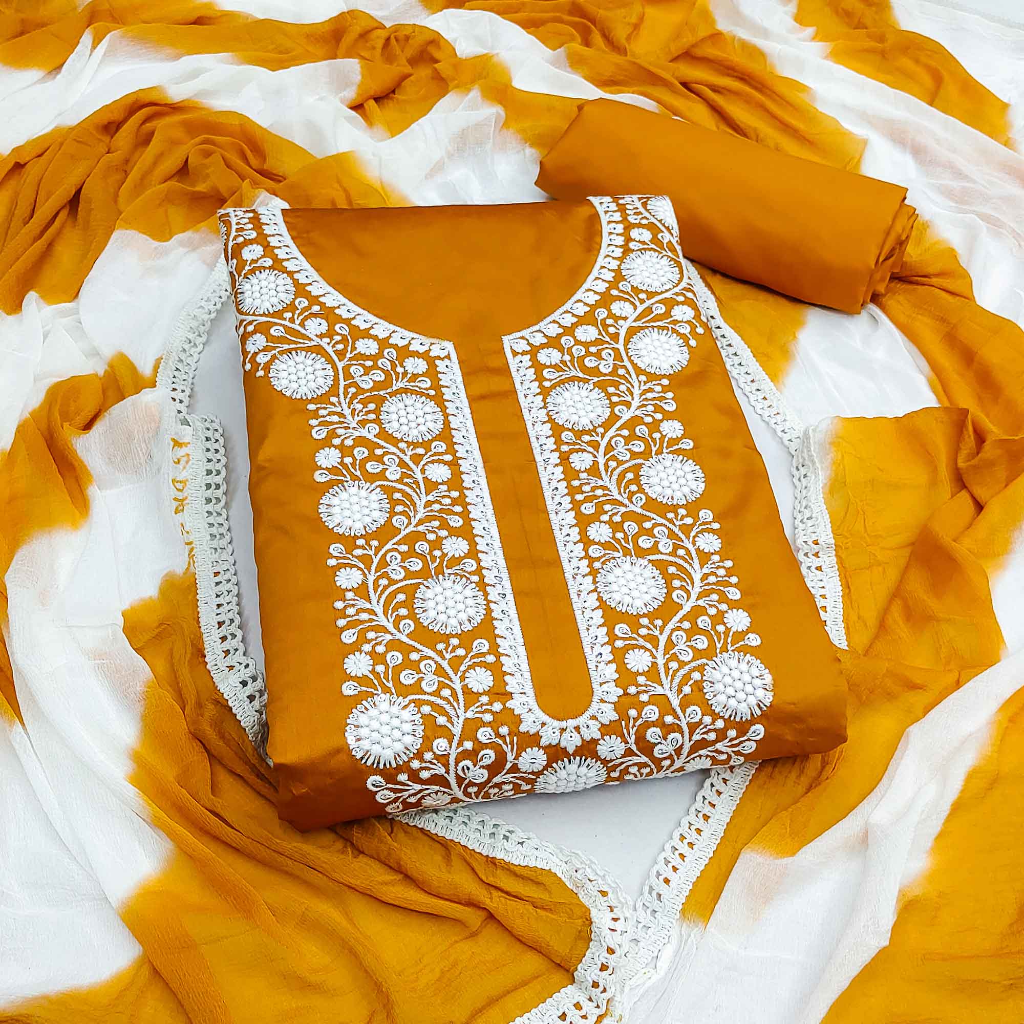 Designer Mustard Pure Cotton Dress Material Showcasing Floral Thread Embroidery & Luxe Sequins Work