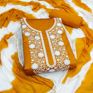 Designer Mustard Pure Cotton Dress Material Showcasing Floral Thread Embroidery & Luxe Sequins Work