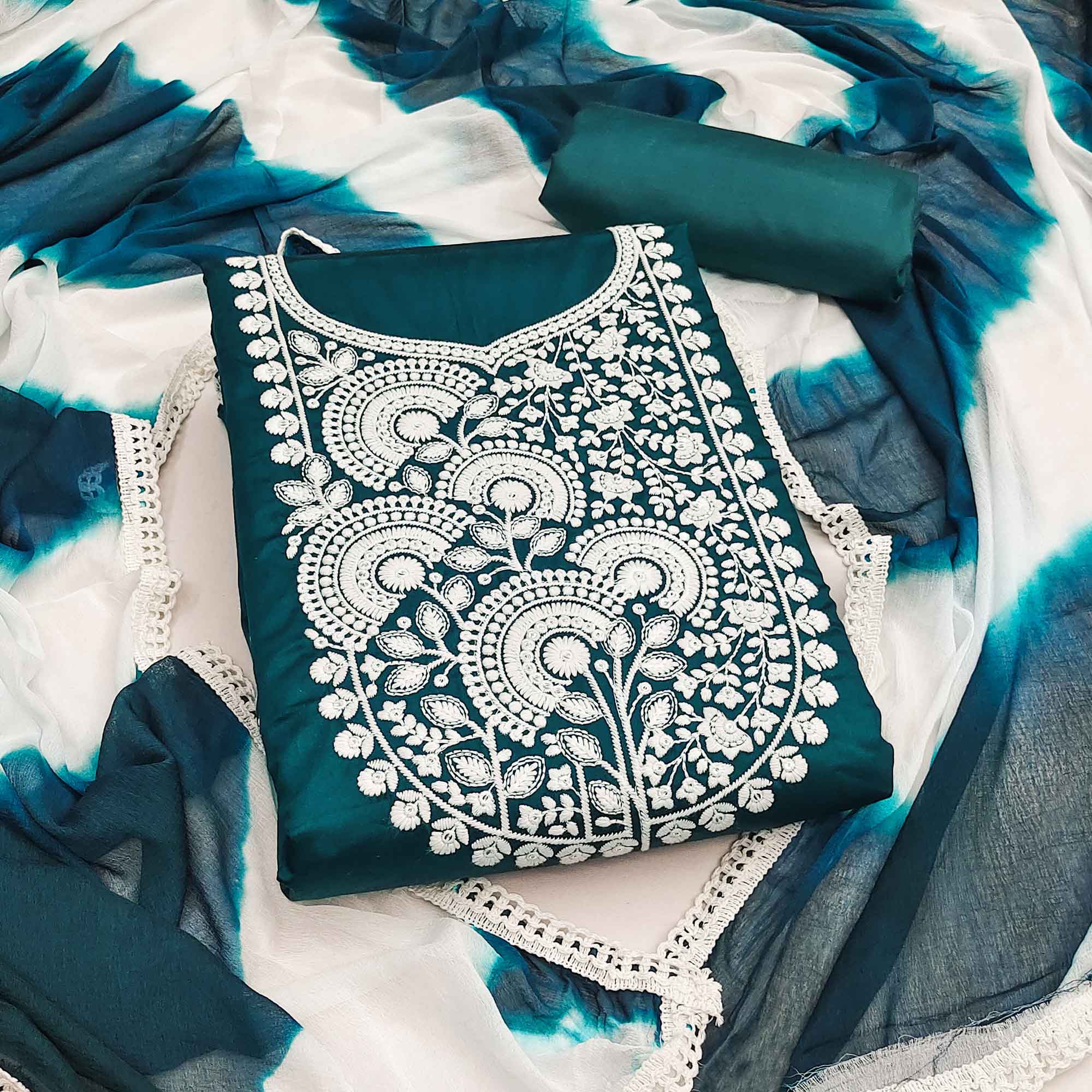 Designer Teal Pure Cotton Dress Material Showcasing Floral Thread Embroidery & Luxe Sequins Work