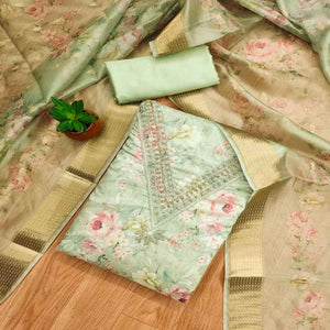Charming Green Floral Digital Printed Chanderi Silk Dress Material Adorned With Moti Khatli Work