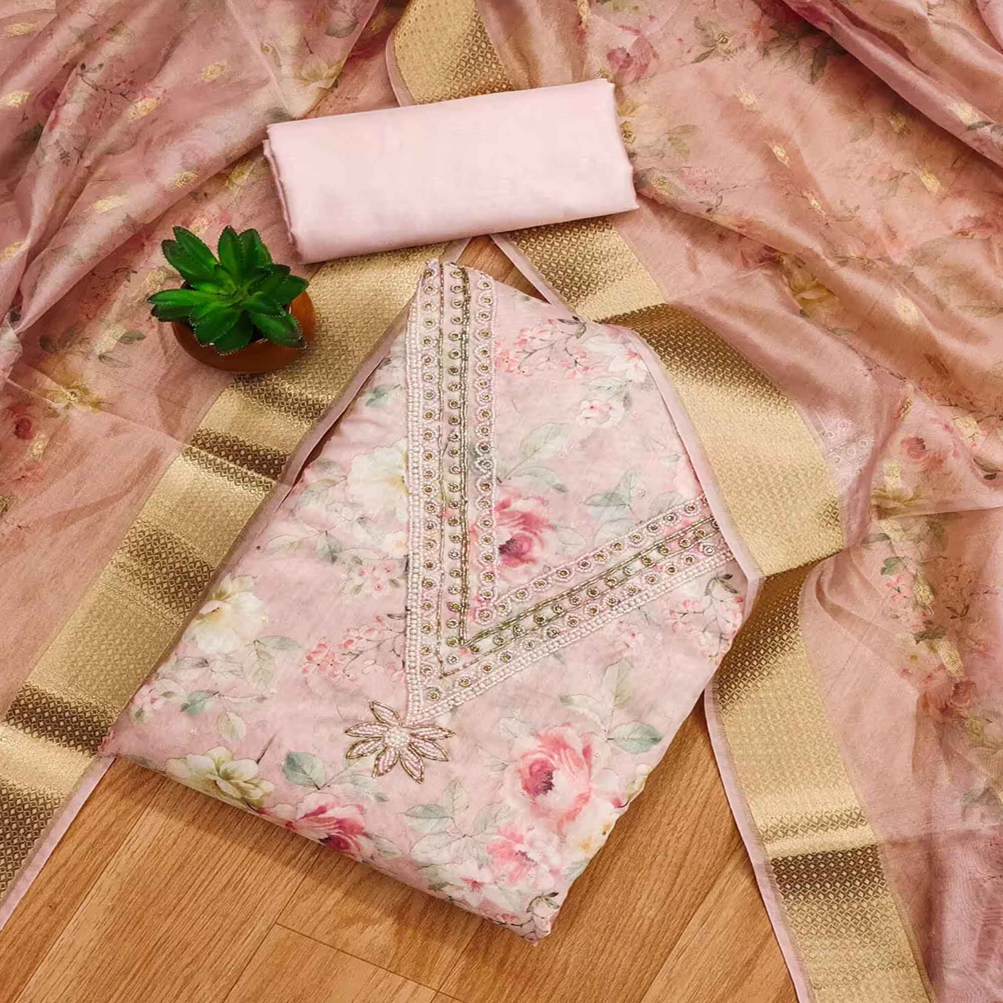 Charming Pink Floral Digital Printed Chanderi Silk Dress Material Adorned With Moti Khatli Work