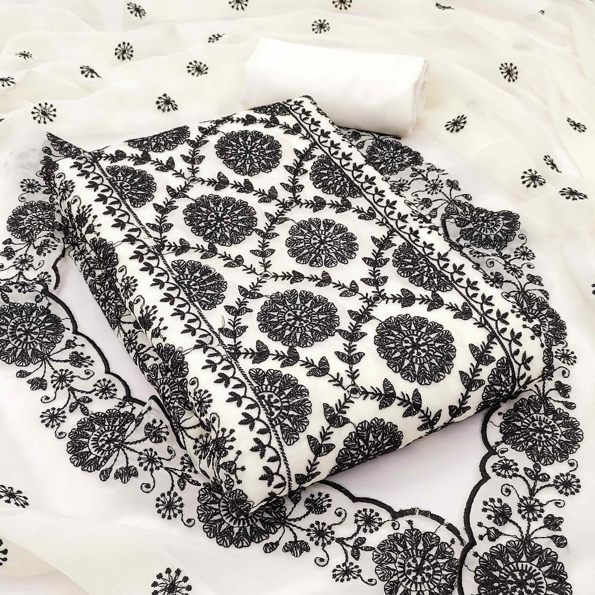 Classic Cream Floral Thread Embroidered Georgette Dress Material With Timeless Appeal