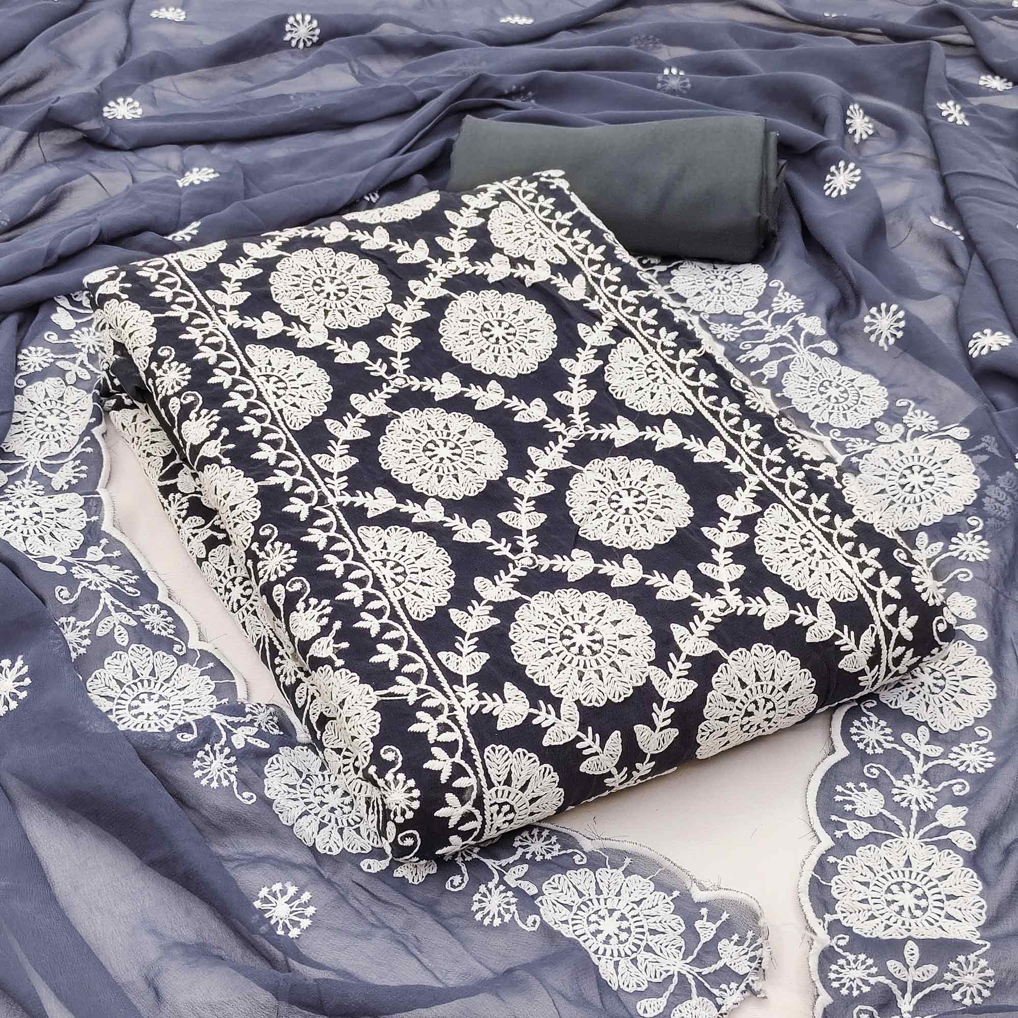 Classic Dark Grey Floral Thread Embroidered Georgette Dress Material With Timeless Appeal