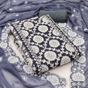 Classic Dark Grey Floral Thread Embroidered Georgette Dress Material With Timeless Appeal