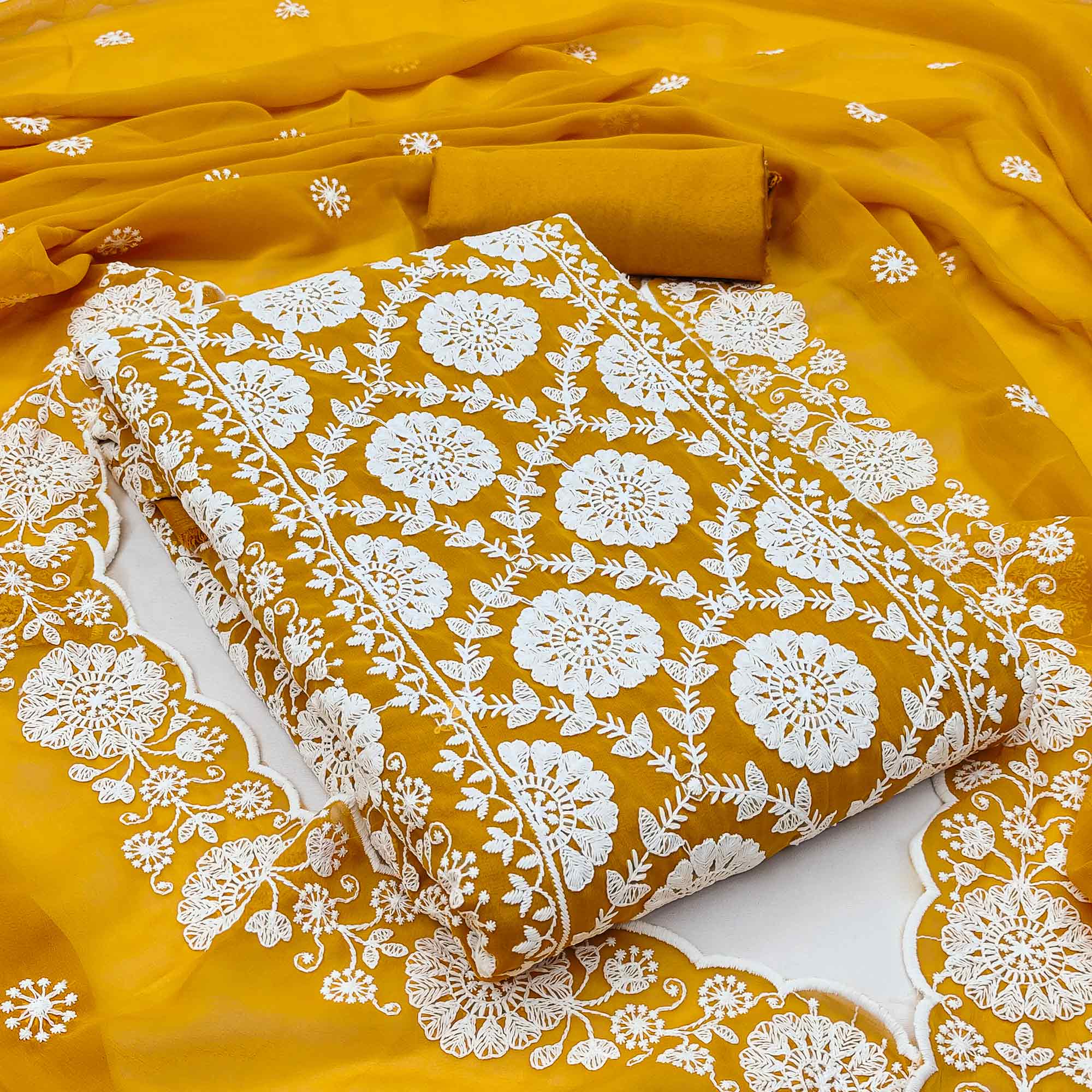 Classic Mustard Floral Thread Embroidered Georgette Dress Material With Timeless Appeal