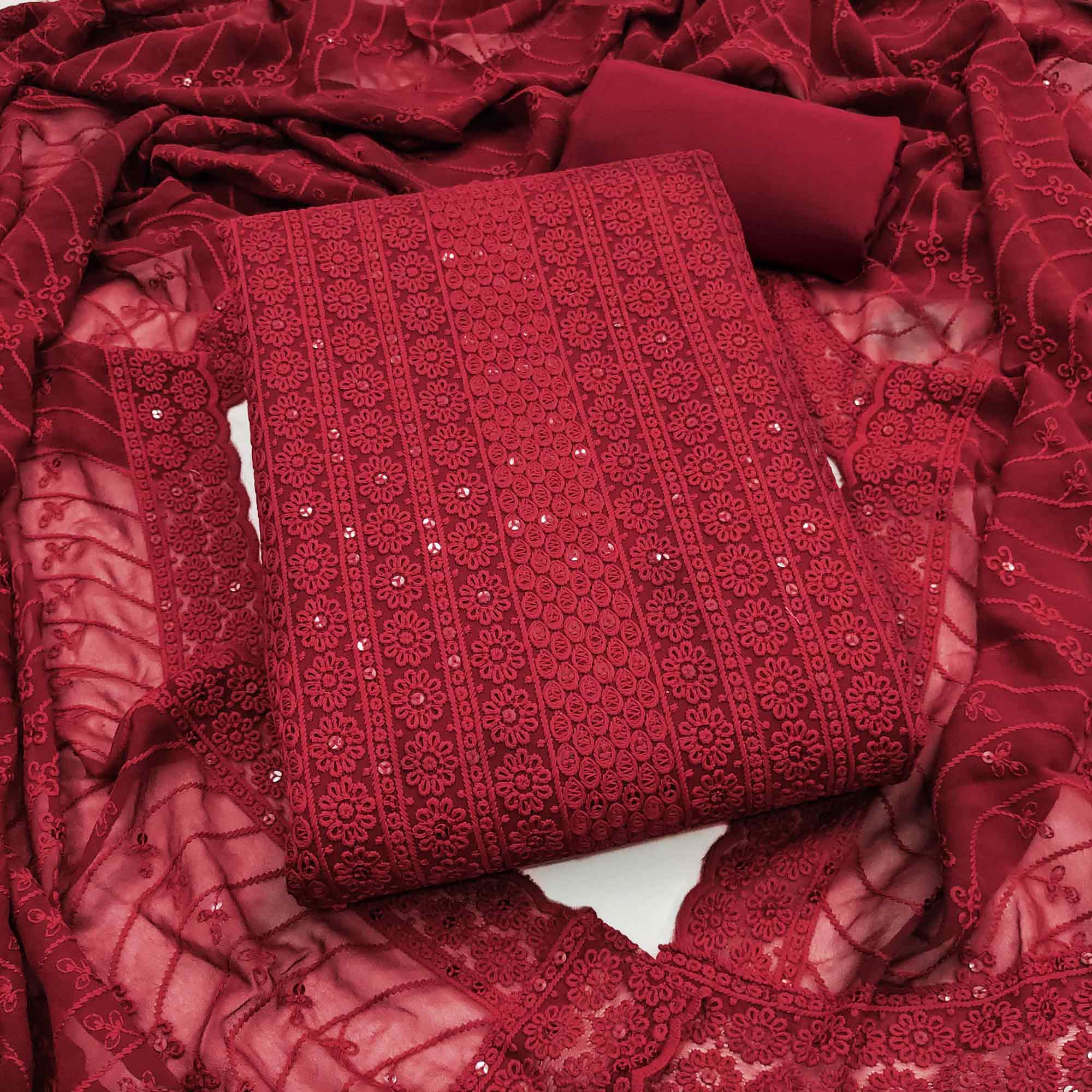 Elegant Maroon Floral Thread Embroidered With Sequins Work Georgette Dress Material