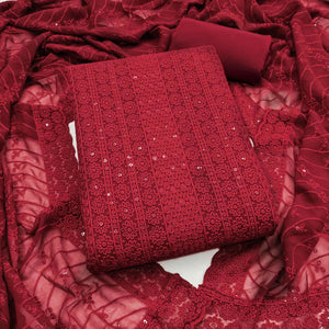 Elegant Maroon Floral Thread Embroidered With Sequins Work Georgette Dress Material