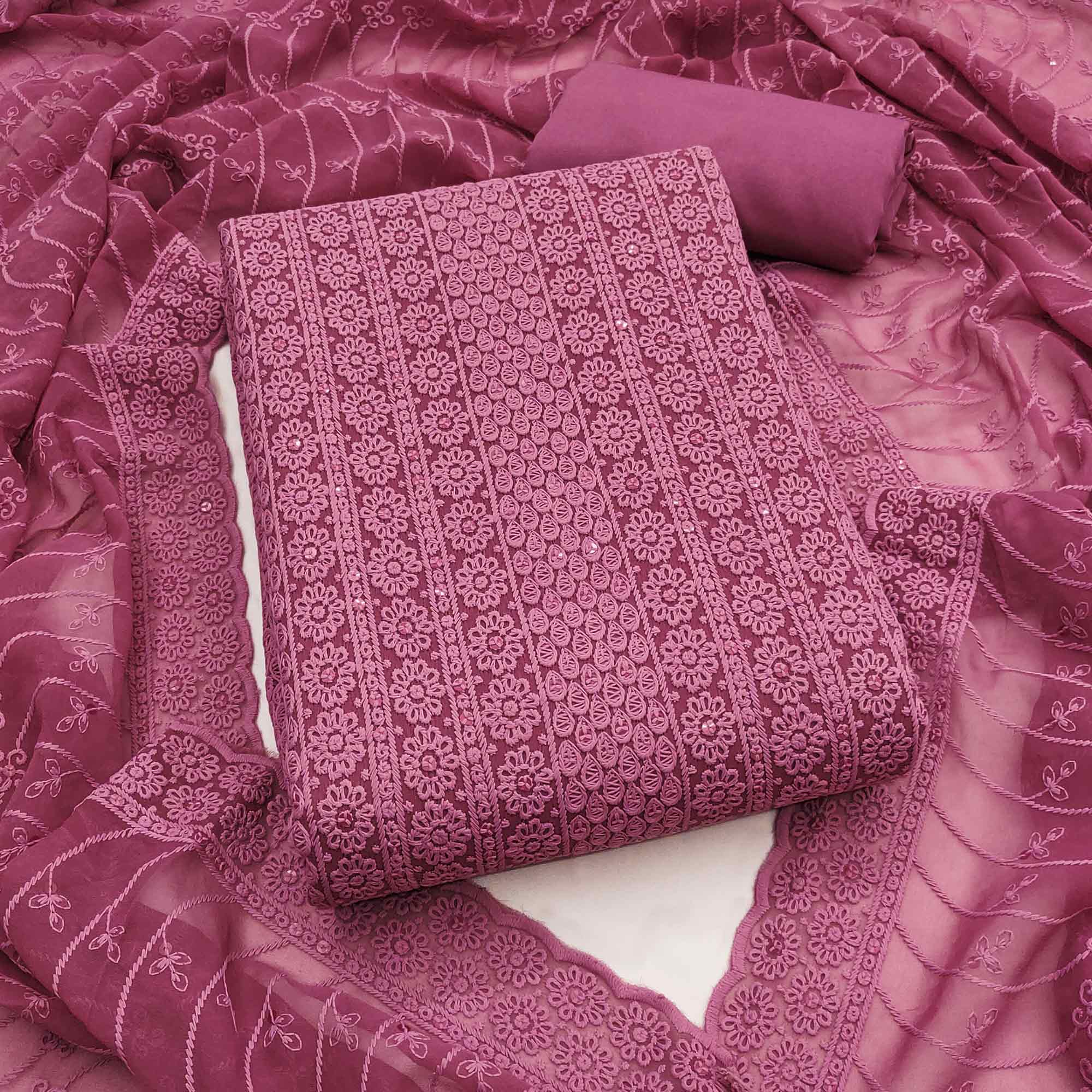 Elegant Mauve Floral Thread Embroidered With Sequins Work Georgette Dress Material