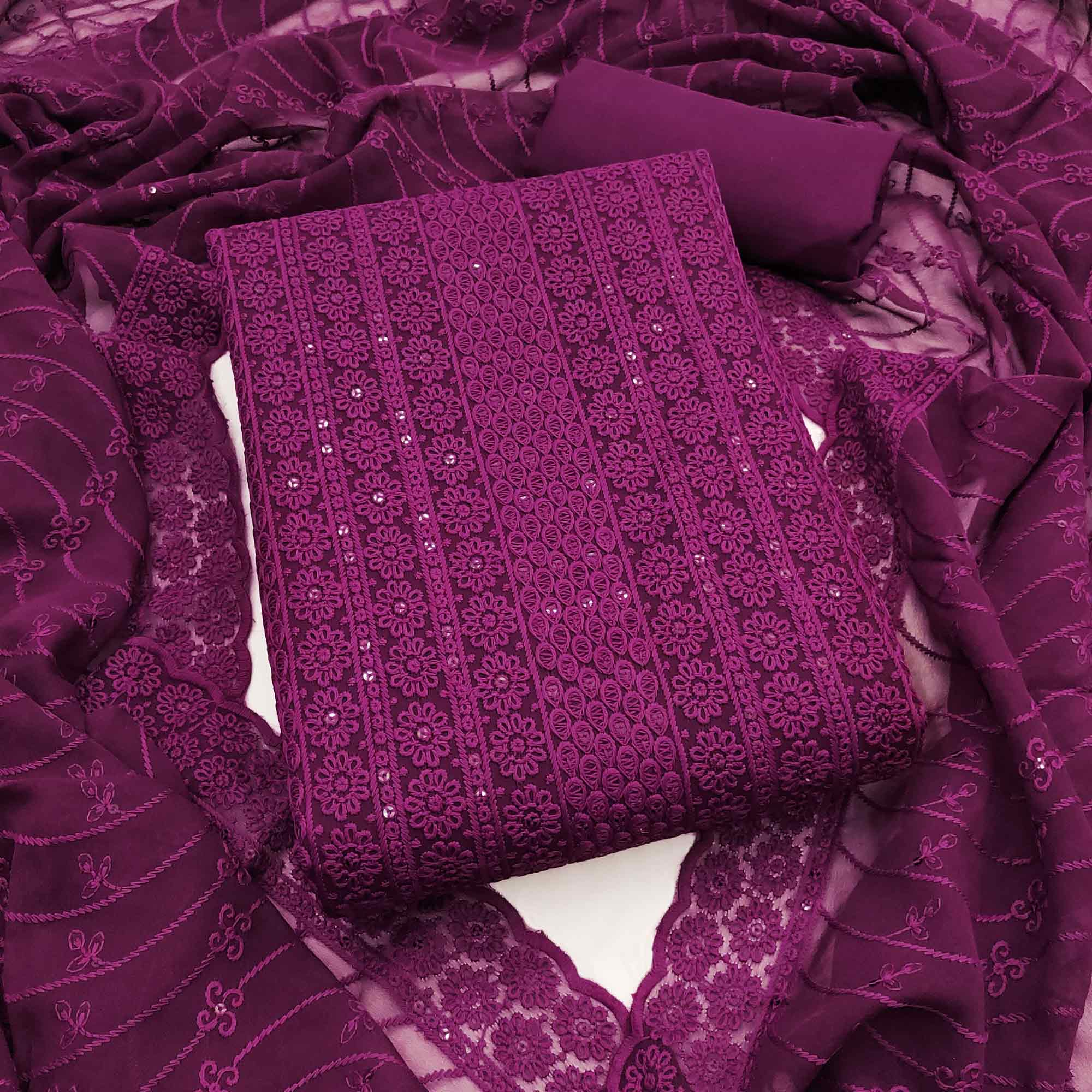 Elegant Wine Floral Thread Embroidered With Sequins Work Georgette Dress Material