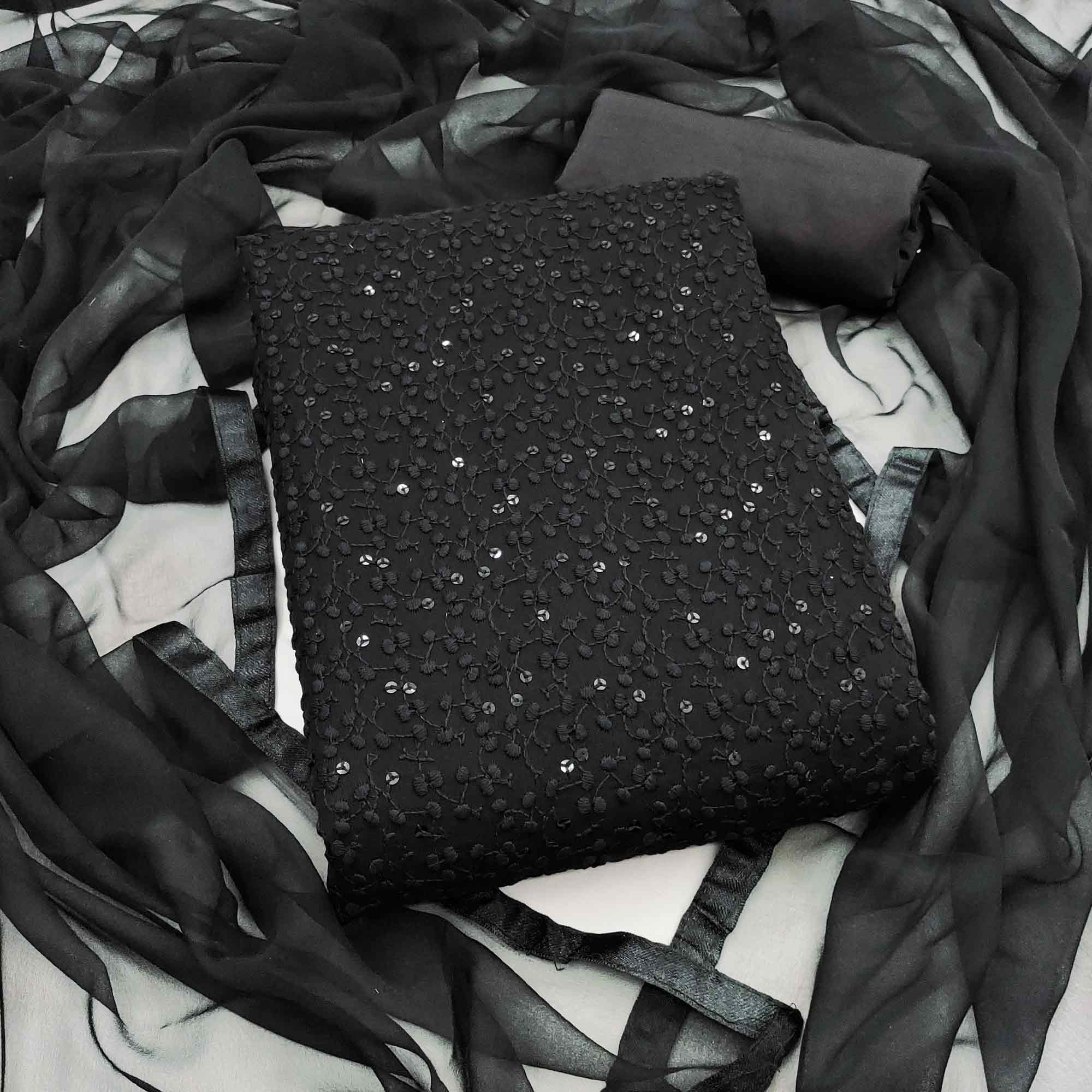 Stylish Black Thread Embroidered With Sequins Work Georgette Dress Material For Ethnic Styling