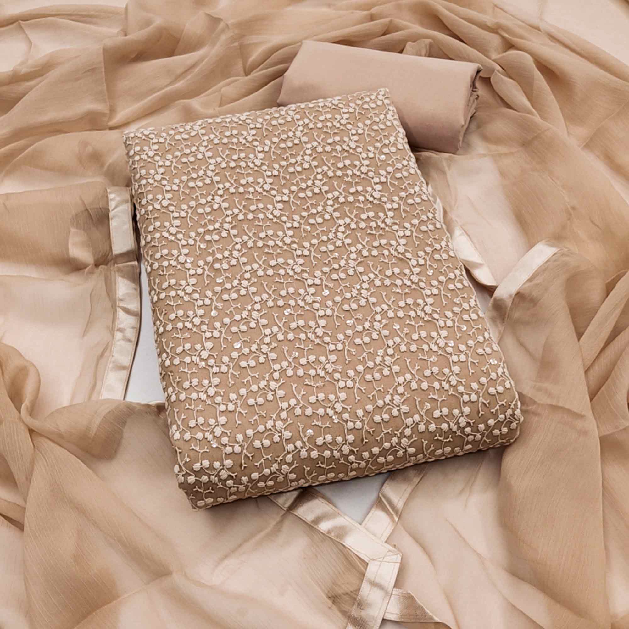 Stylish Brown Thread Embroidered With Sequins Work Georgette Dress Material For Ethnic Styling