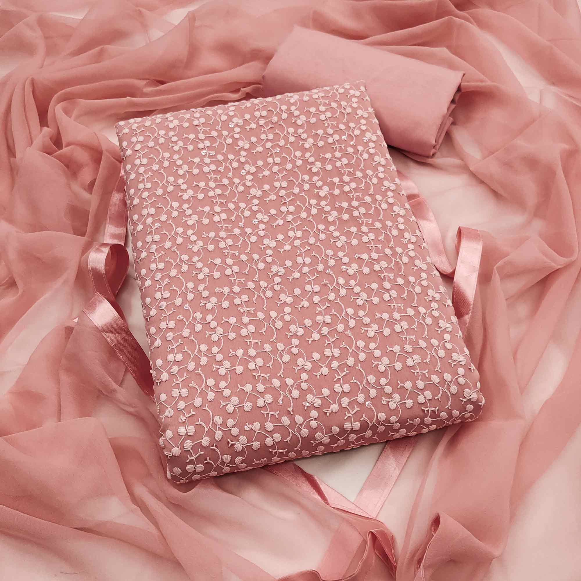 Stylish Dusty Peach Thread Embroidered With Sequin Work Georgette Dress Material For Ethnic Styling