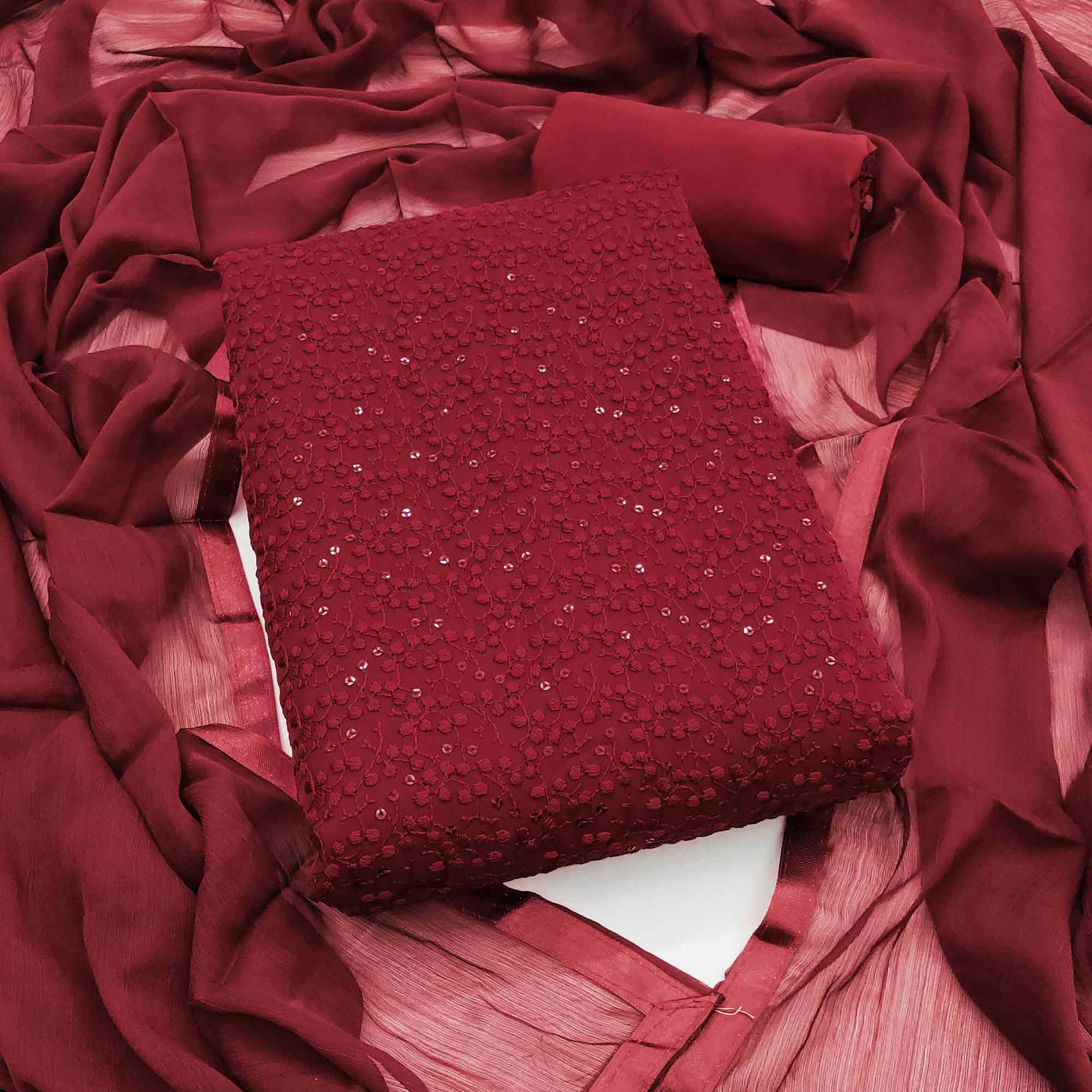 Stylish Maroon Thread Embroidered With Sequins Work Georgette Dress Material For Ethnic Styling