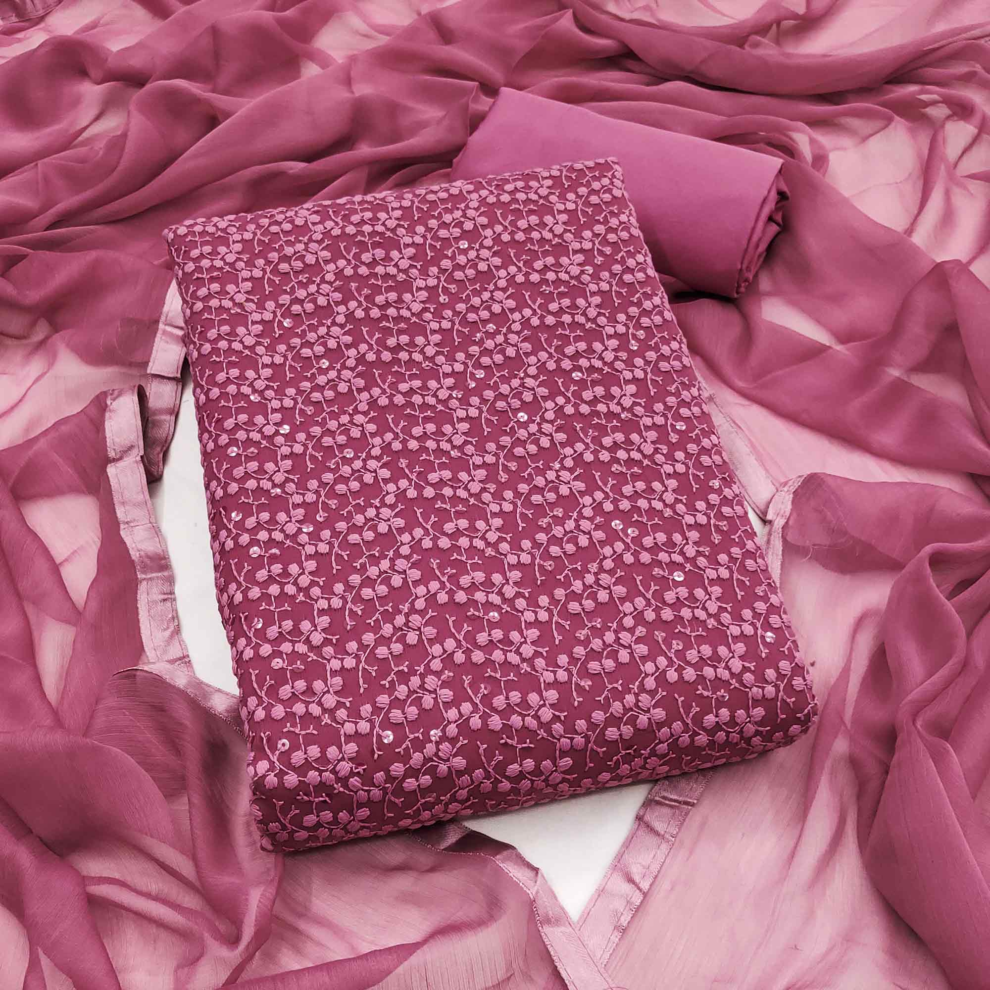 Stylish Mauve Thread Embroidered With Sequins Work Georgette Dress Material For Ethnic Styling