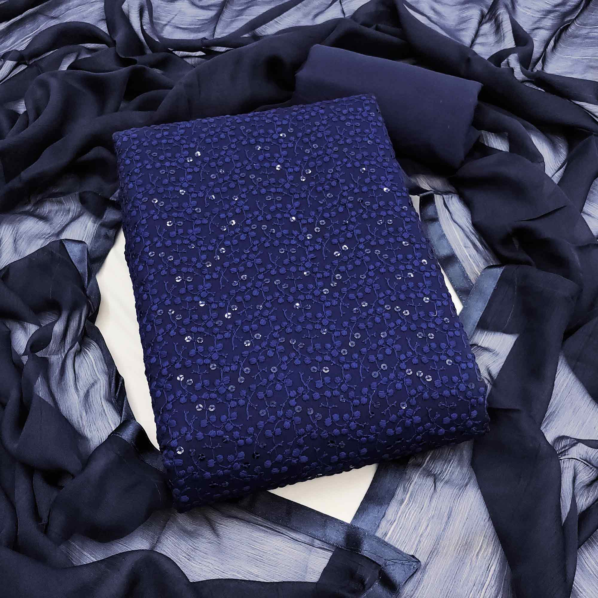 Stylish Navy Blue Thread Embroidered With Sequins Work Georgette Dress Material For Ethnic Styling