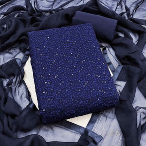 Stylish Navy Blue Thread Embroidered With Sequins Work Georgette Dress Material For Ethnic Styling