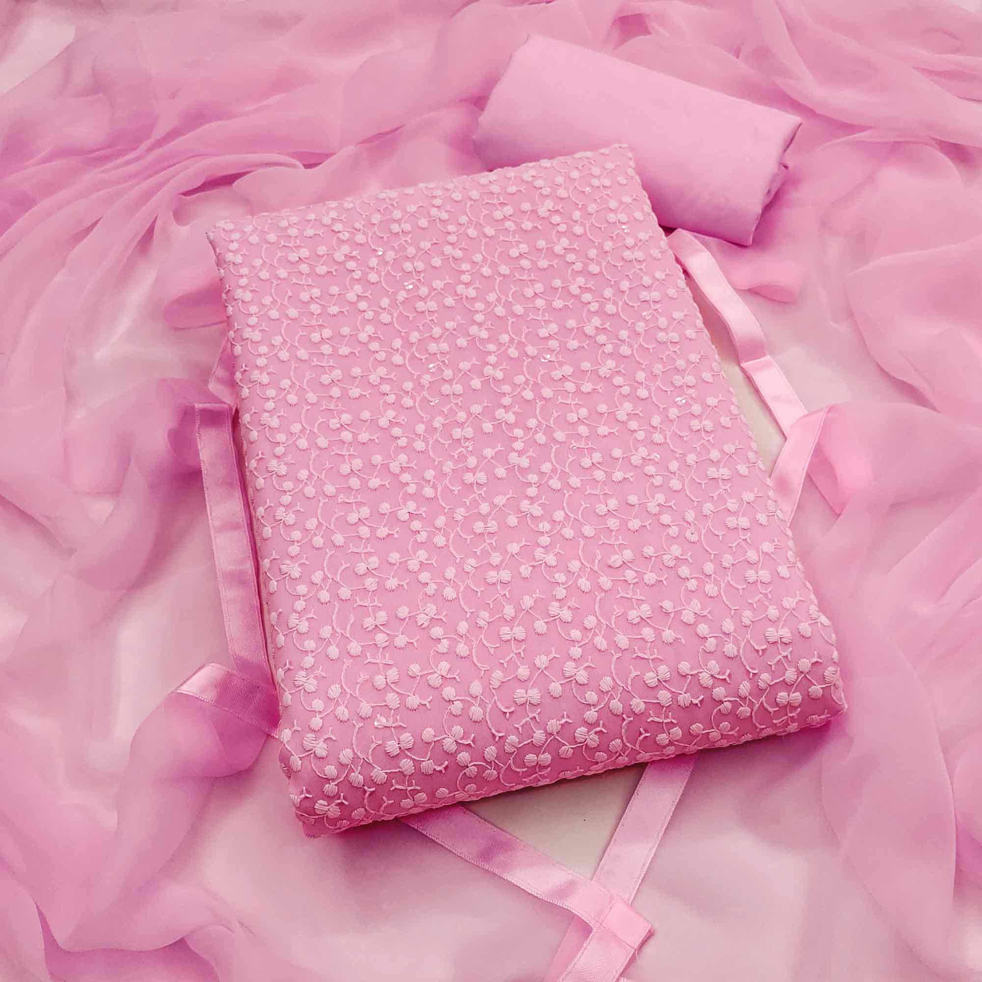 Stylish Pink Thread Embroidered With Sequins Work Georgette Dress Material For Ethnic Styling