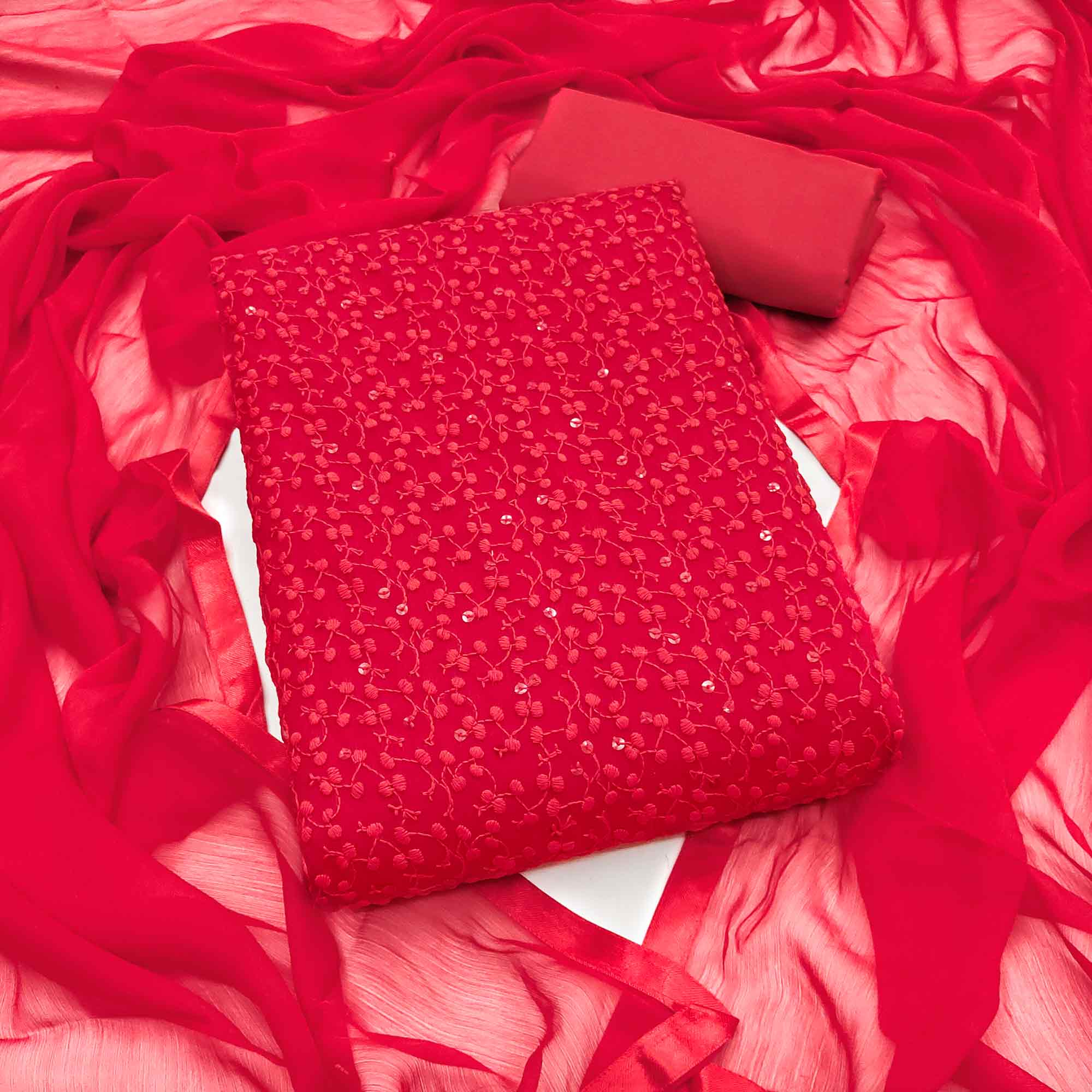 Stylish Red Thread Embroidered With Sequins Work Georgette Dress Material For Ethnic Styling