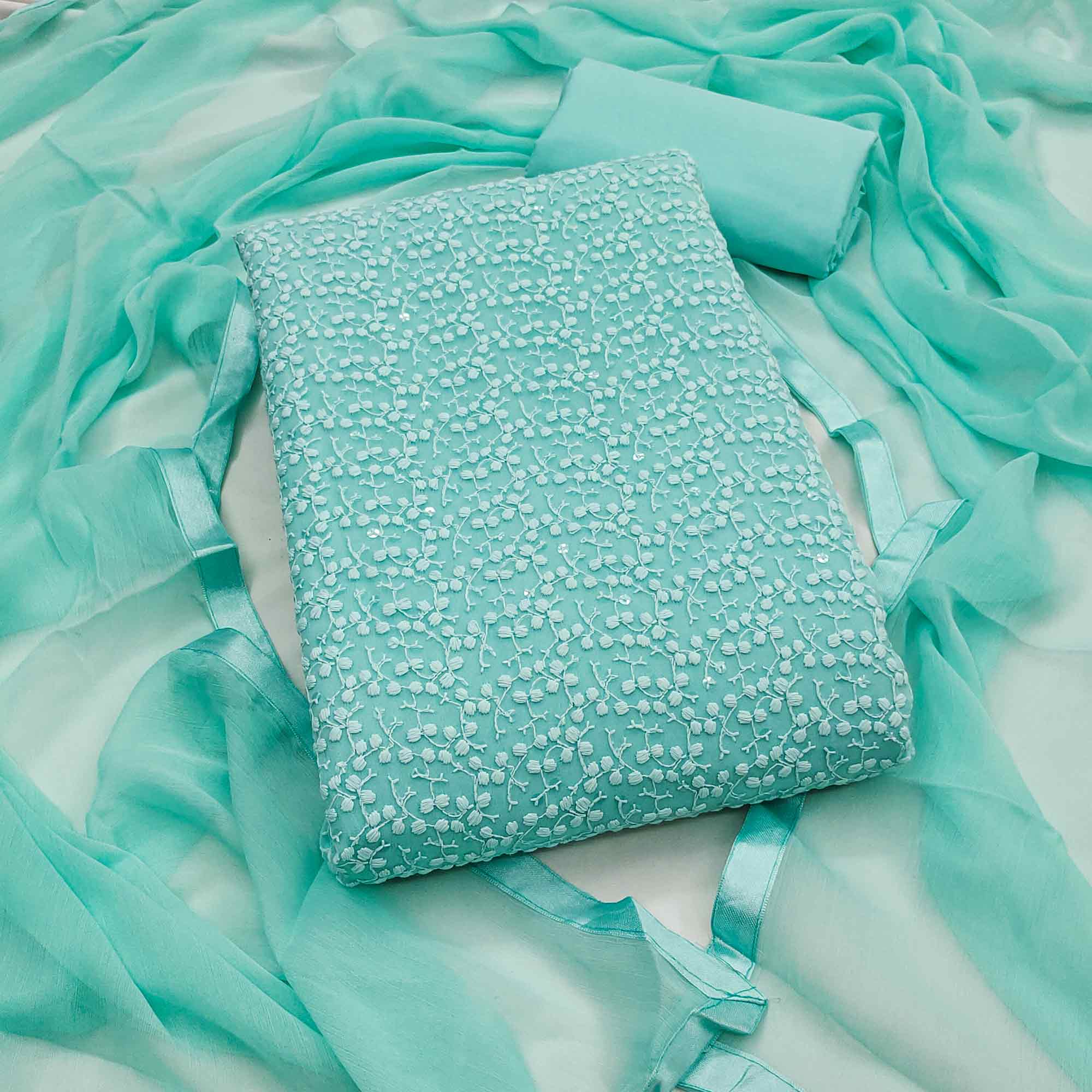 Stylish Turquoise Thread Embroidered With Sequins Work Georgette Dress Material For Ethnic Styling