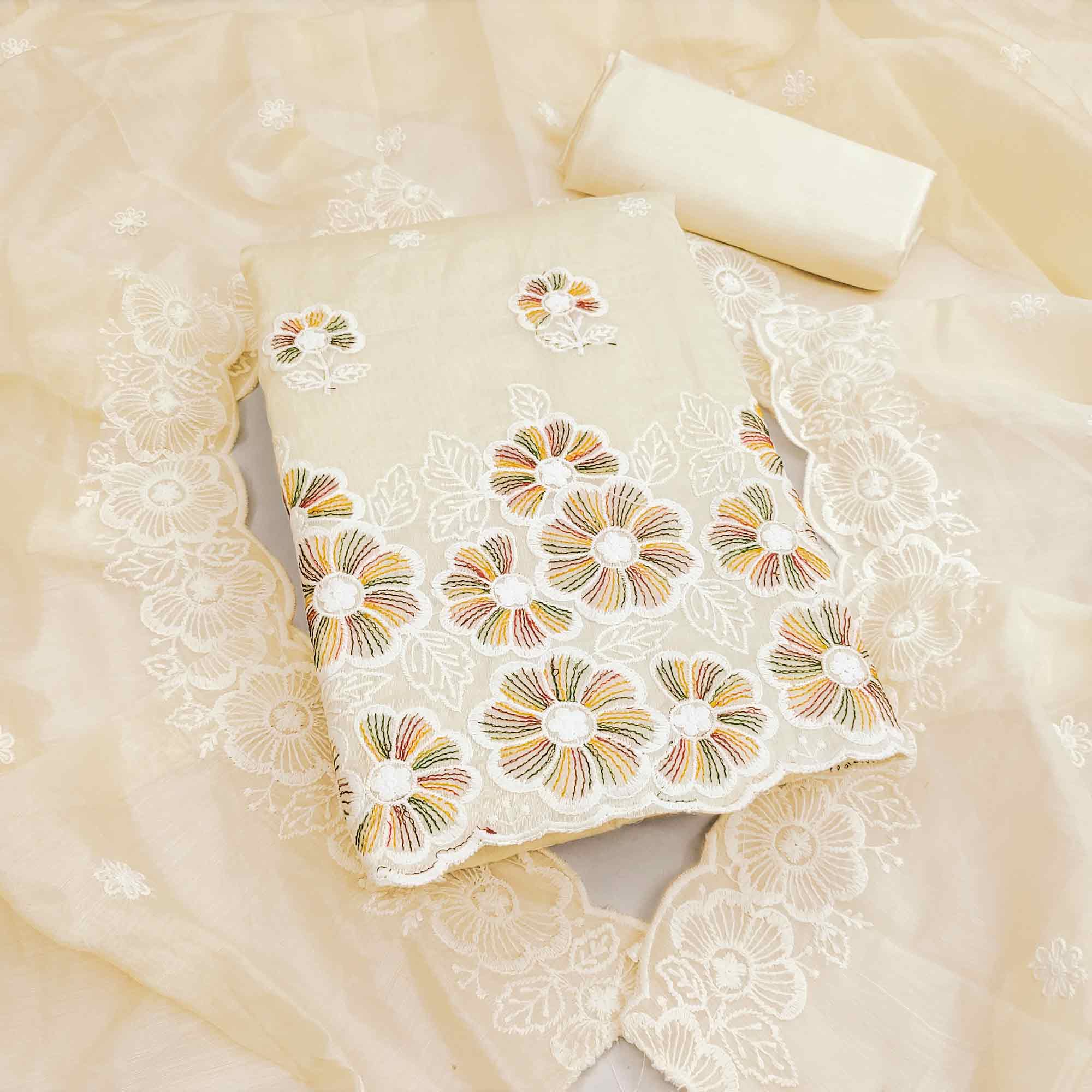 Elegant Cream Floral Thread Embroidered Chanderi Silk Dress Material
