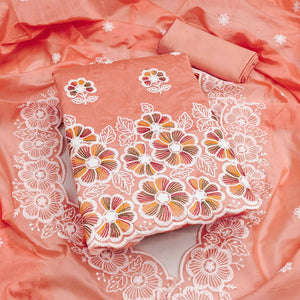 Elegant Peach Floral Thread Embroidered Chanderi Silk Dress Material