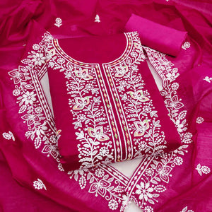 Graceful Rani Pink Floral Thread Embroidery Chanderi Silk Designer Dress Material