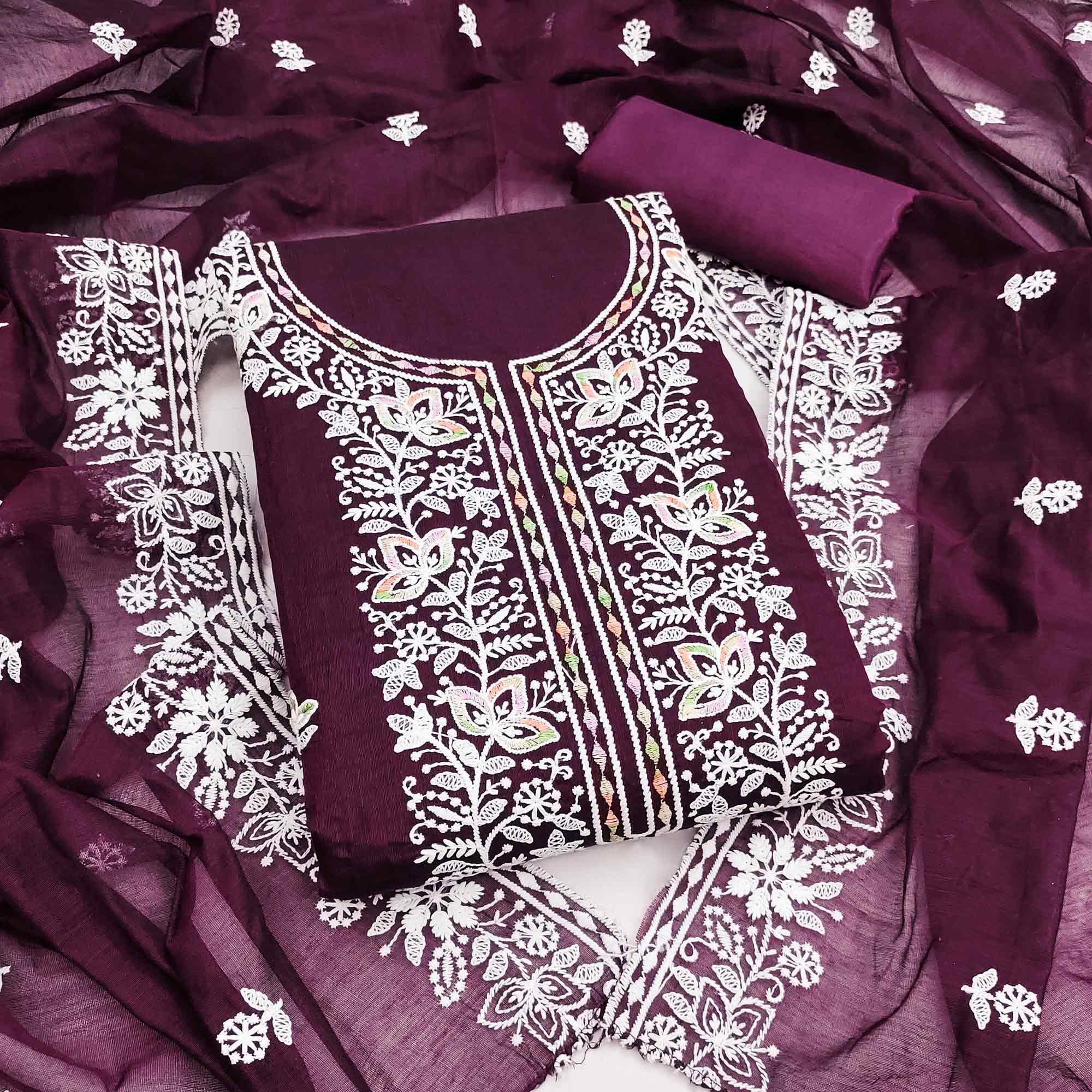 Graceful Wine Floral Thread Embroidery Chanderi Silk Designer Dress Material