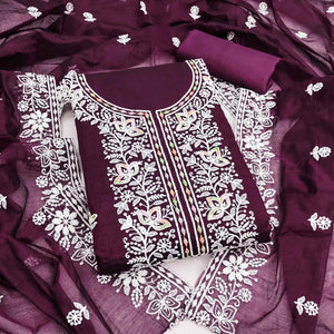 Graceful Wine Floral Thread Embroidery Chanderi Silk Designer Dress Material