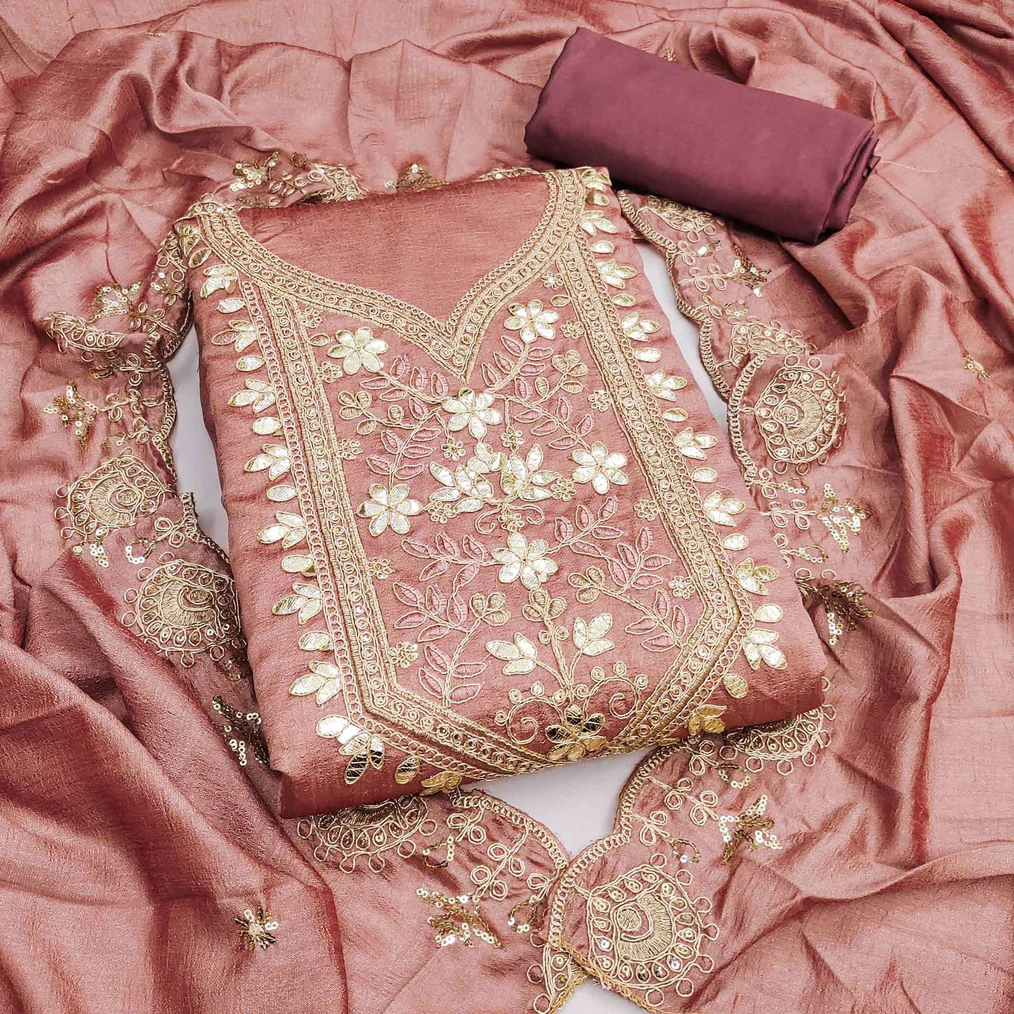 Timeless Dusty Peach Floral Embroidered Vichitra Silk Dress Material With Gota Patti Work