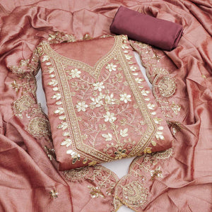 Timeless Dusty Peach Floral Embroidered Vichitra Silk Dress Material With Gota Patti Work