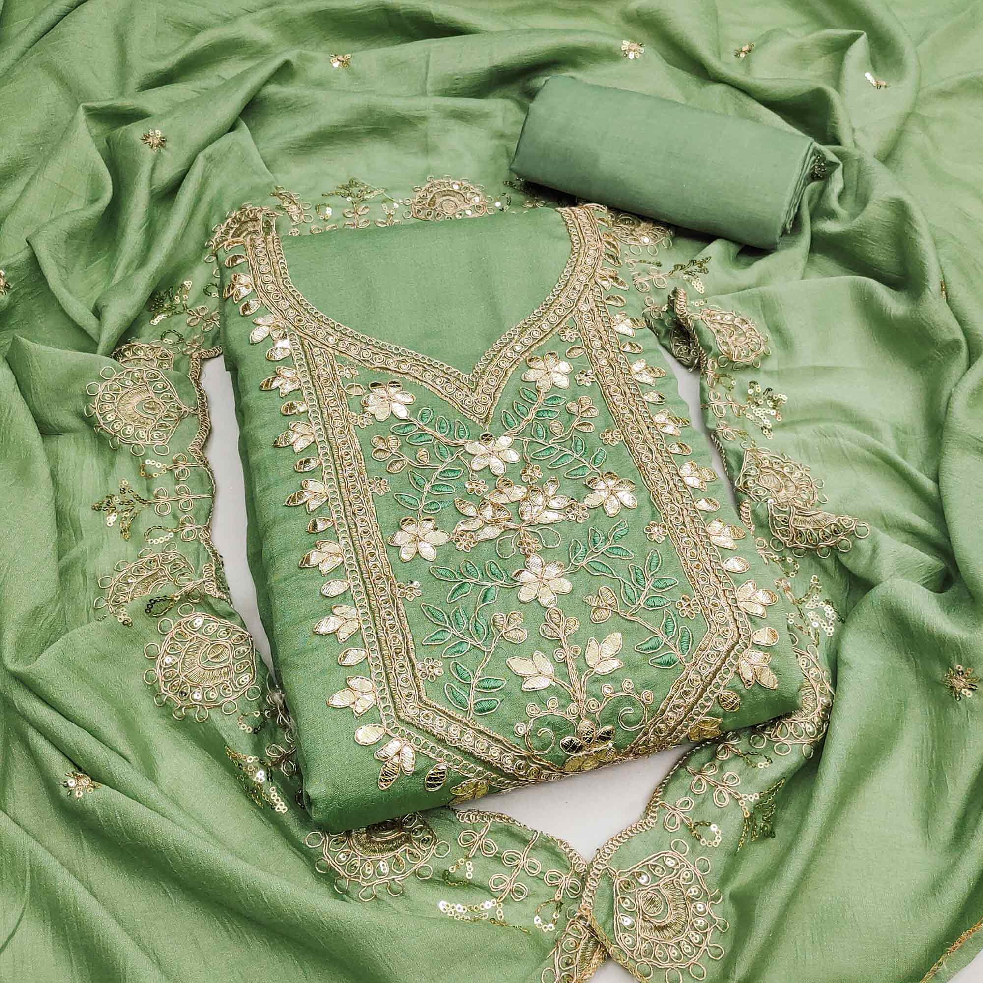 Timeless Green Floral Embroidered Vichitra Silk Dress Material Highlighted With Gota Patti Work