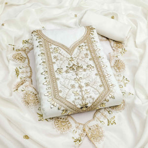 Timeless Offwhite Floral Embroidered Vichitra Silk Dress Material Highlighted With Gota Patti Work