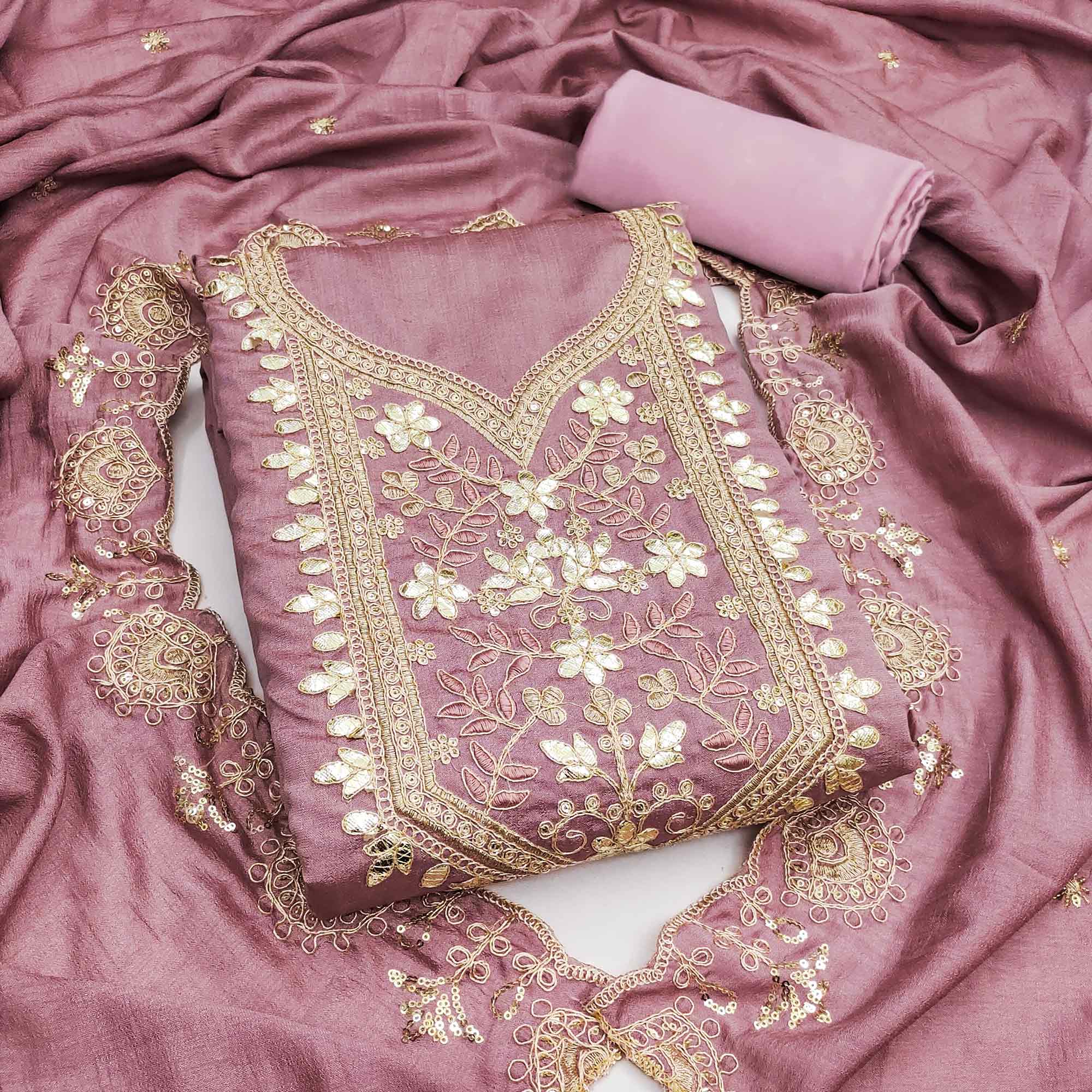 Timeless Onion Pink Floral Embroidered Vichitra Silk Dress Material Highlighted With Gota Patti Work