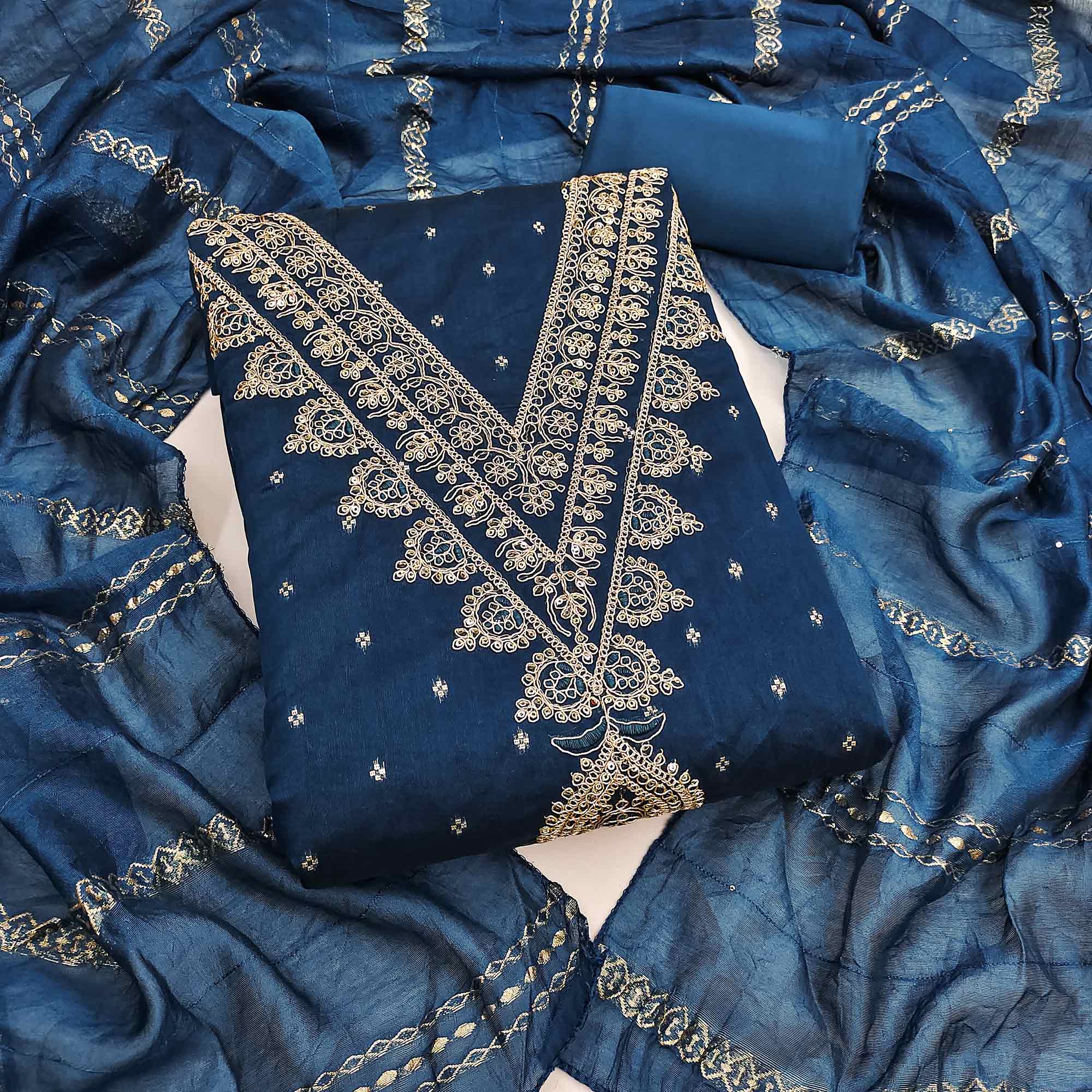 Graceful Blue Butti Motif Chanderi Silk Dress Material Featuring Floral Cording Embroidery Work