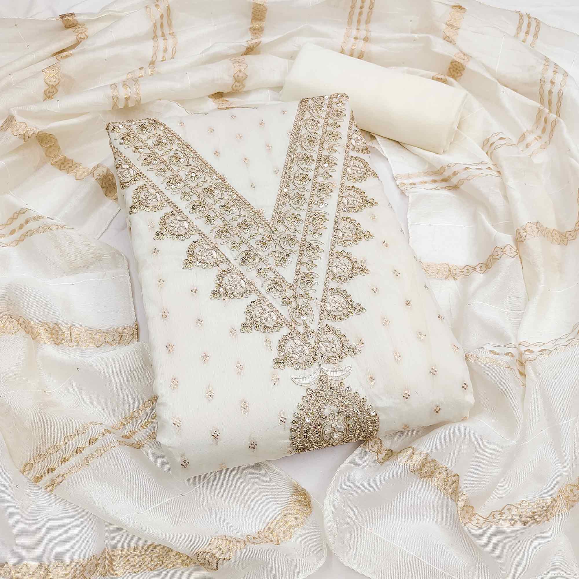 Graceful Cream Butti Motif Chanderi Silk Dress Material Featuring Floral Cording Embroidery Work