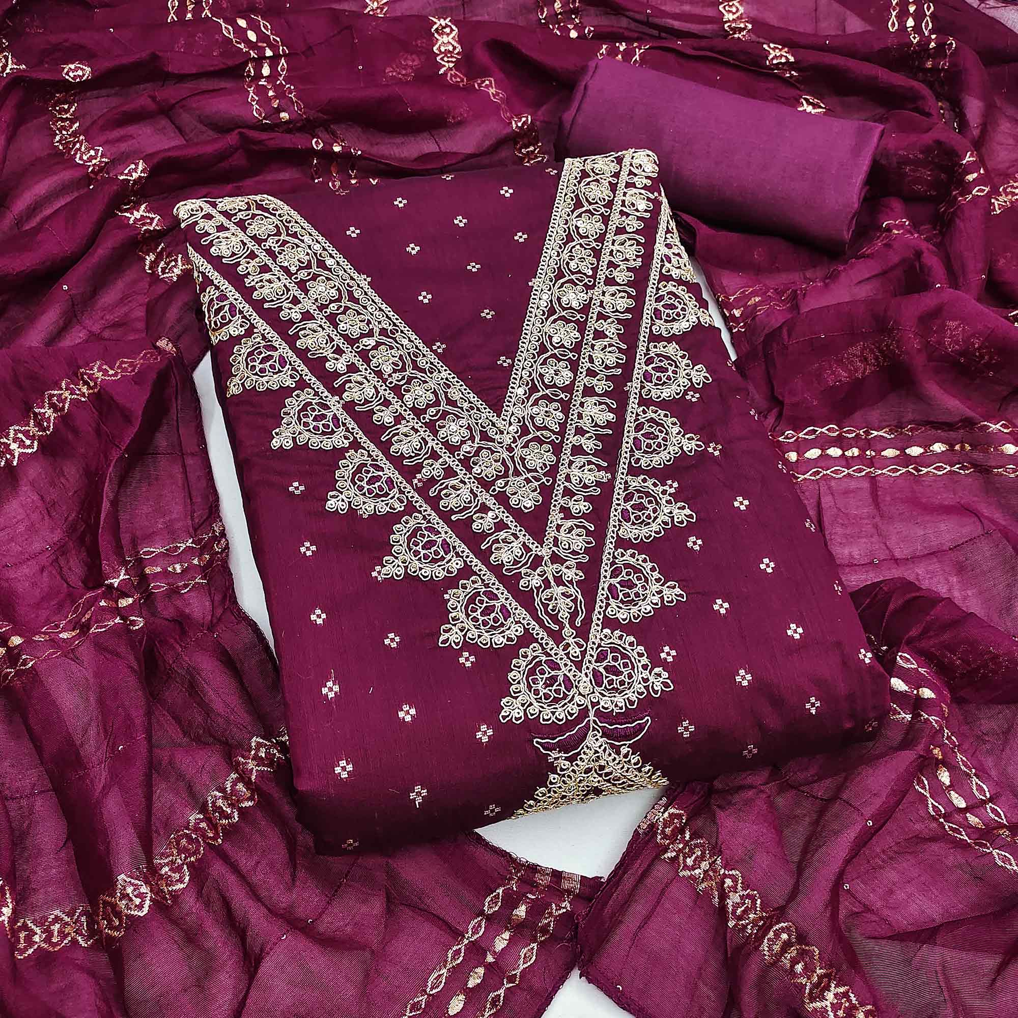 Graceful Wine Butti Motif Chanderi Silk Dress Material Featuring Floral Cording Embroidery Work